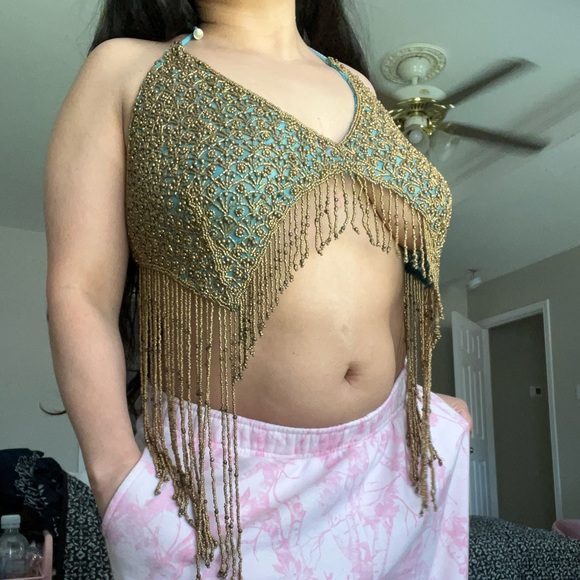 Beaded Fringe Crop Top in Teal and Gold - Picture 5 of 5
